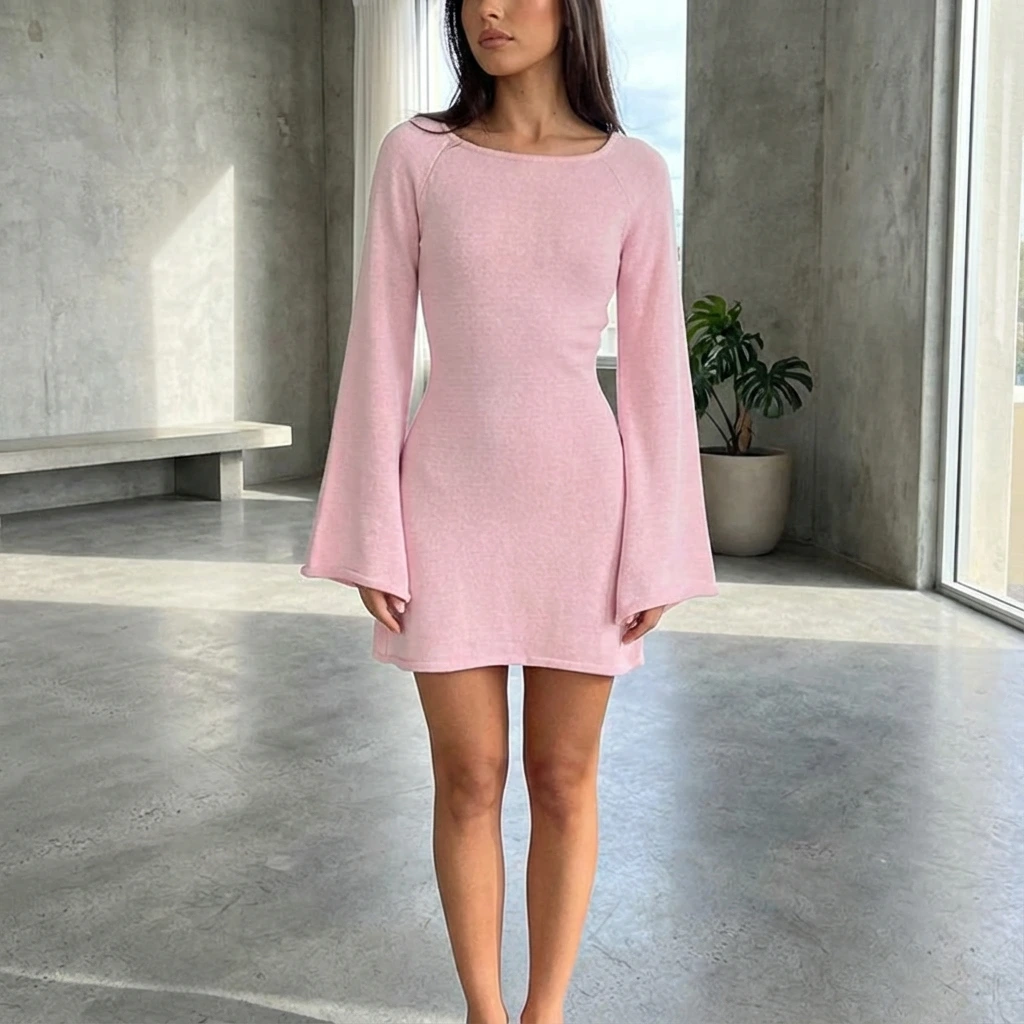 Cozy Sweater Mini Dress with Long Sleeves - VibreMode