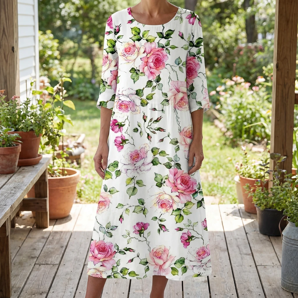 Ladies Pretty Floral Knee Length Dress - VibreMode