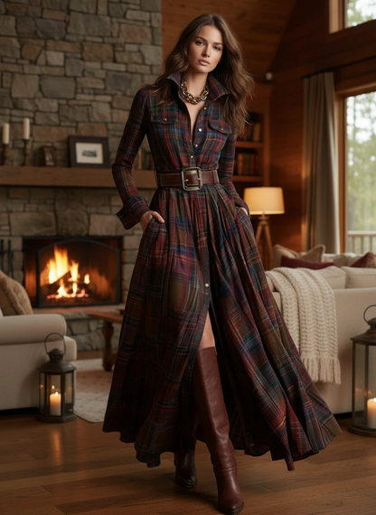 Ladies Classic Checked Long Sleeve Maxi Dress - VibreMode