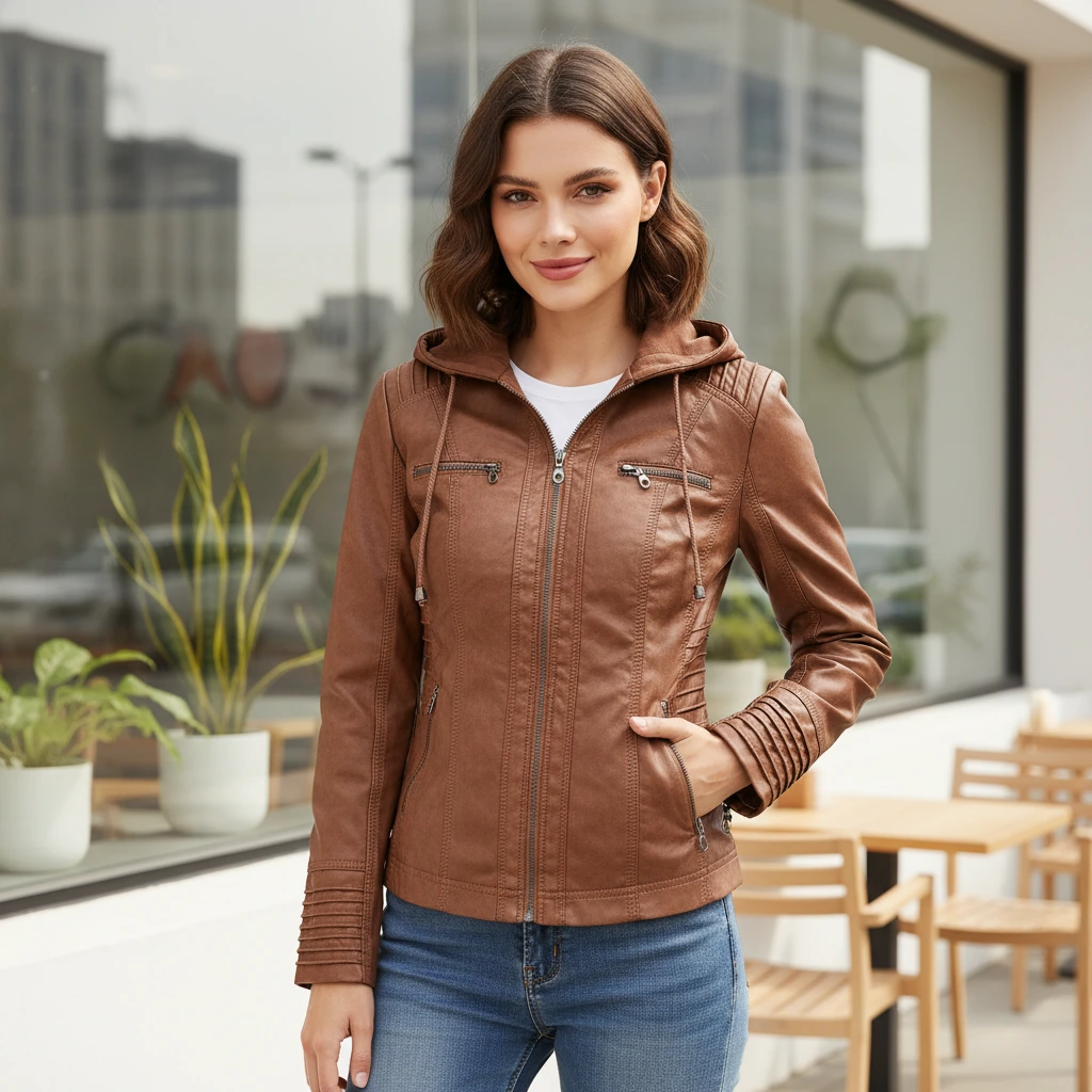 Ladies Biker-Style Hoodie Jacket - VibreMode