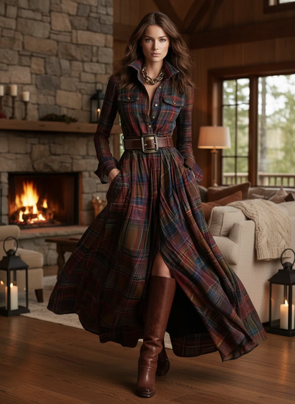 Ladies Classic Checked Long Sleeve Maxi Dress