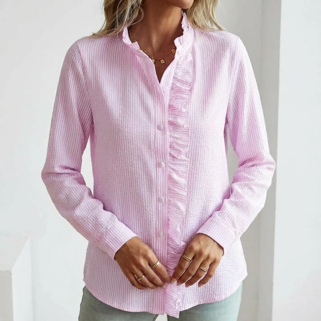 Feminine Gathered Striped Blouse Shirt