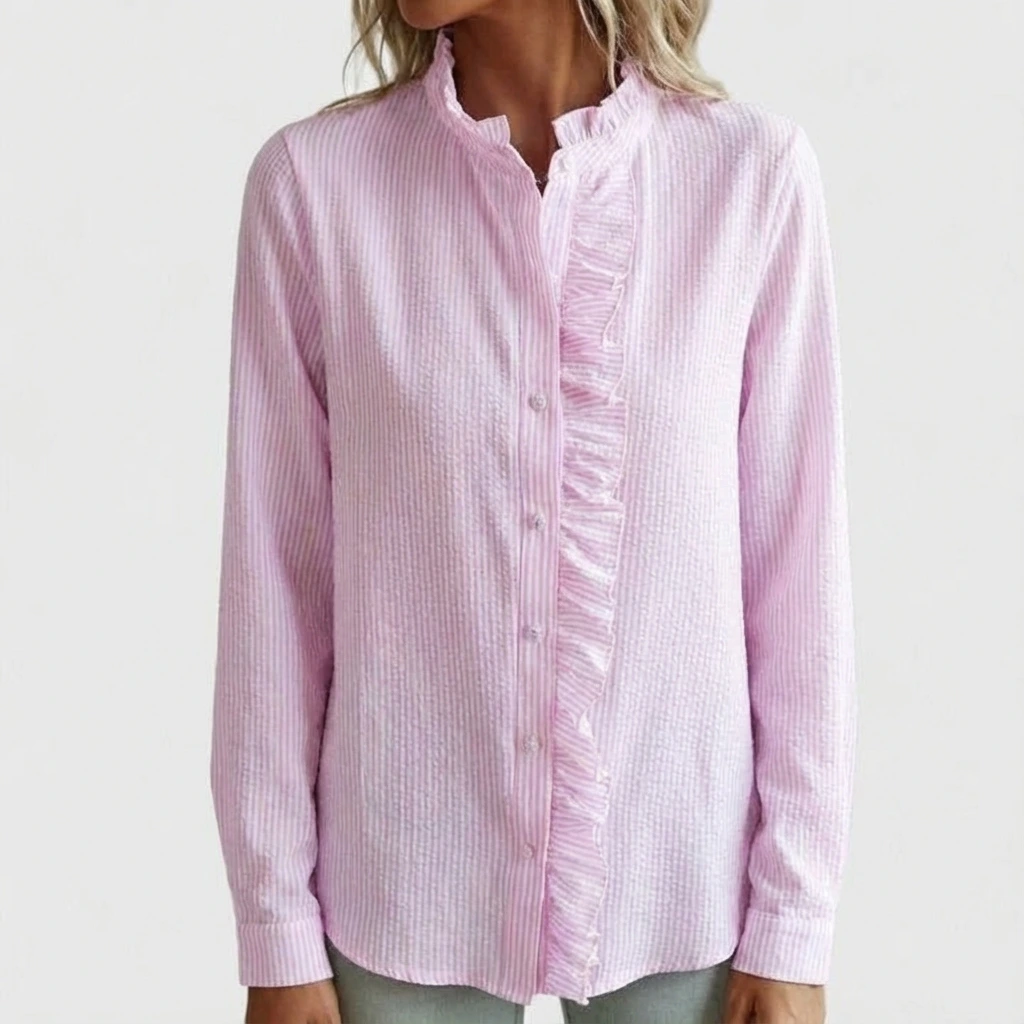 Feminine Gathered Striped Blouse Shirt - VibreMode