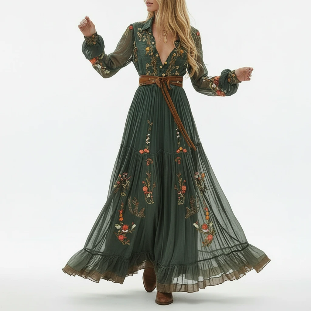 Elegant Floral Long Sleeve Bohemian Maxi Dress - VibreMode