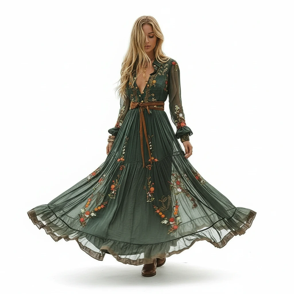 Elegant Floral Long Sleeve Bohemian Maxi Dress