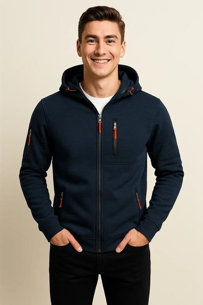 Men's Zip Hoodie Multiple Pockets Contrast Zipper Black