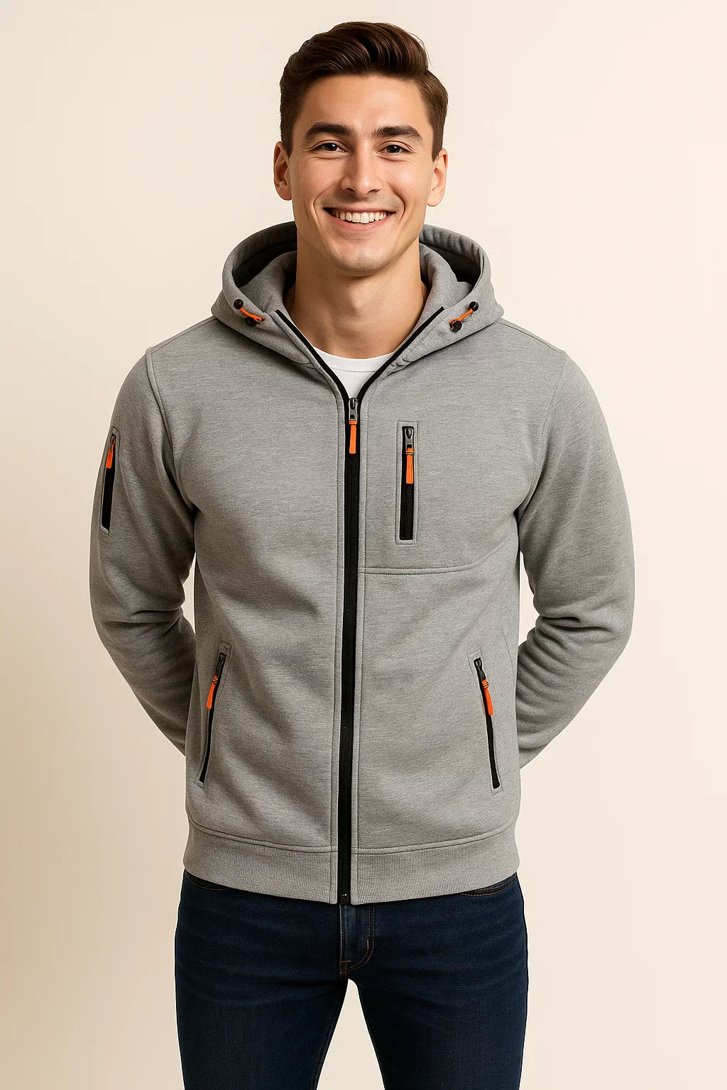 Men's Zip Hoodie Multiple Pockets Contrast Zipper Black