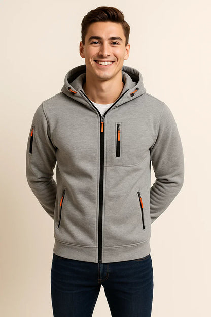 Men's Zip Hoodie Multiple Pockets Contrast Zipper Black