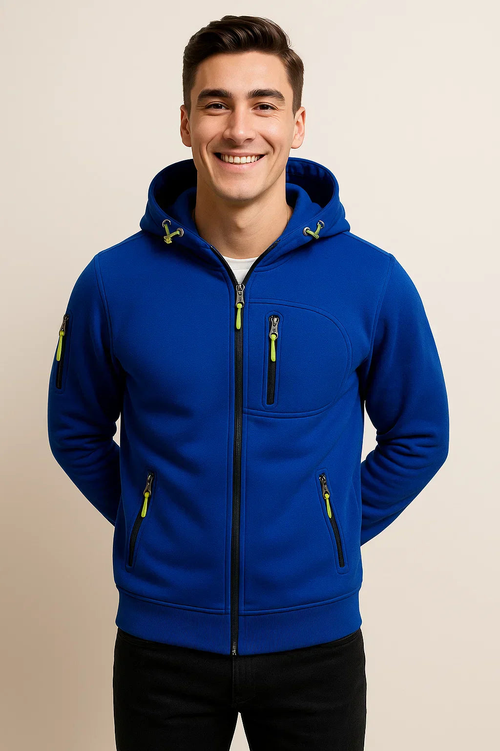 Men's Zip Hoodie Multiple Pockets Contrast Zipper Black