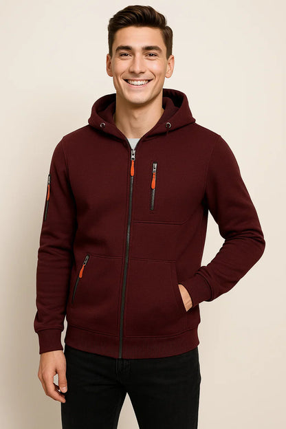 Men's Zip Hoodie Multiple Pockets Contrast Zipper Black