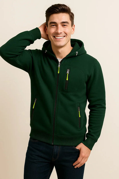 Men's Zip Hoodie Multiple Pockets Contrast Zipper Black