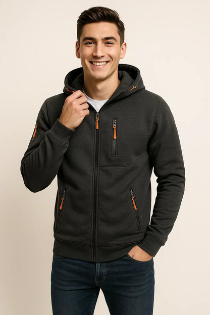 Men's Zip Hoodie Multiple Pockets Contrast Zipper Black