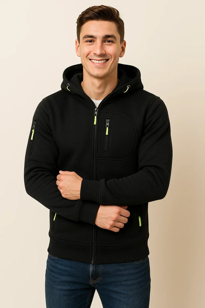 Men's Zip Hoodie Multiple Pockets Contrast Zipper Black