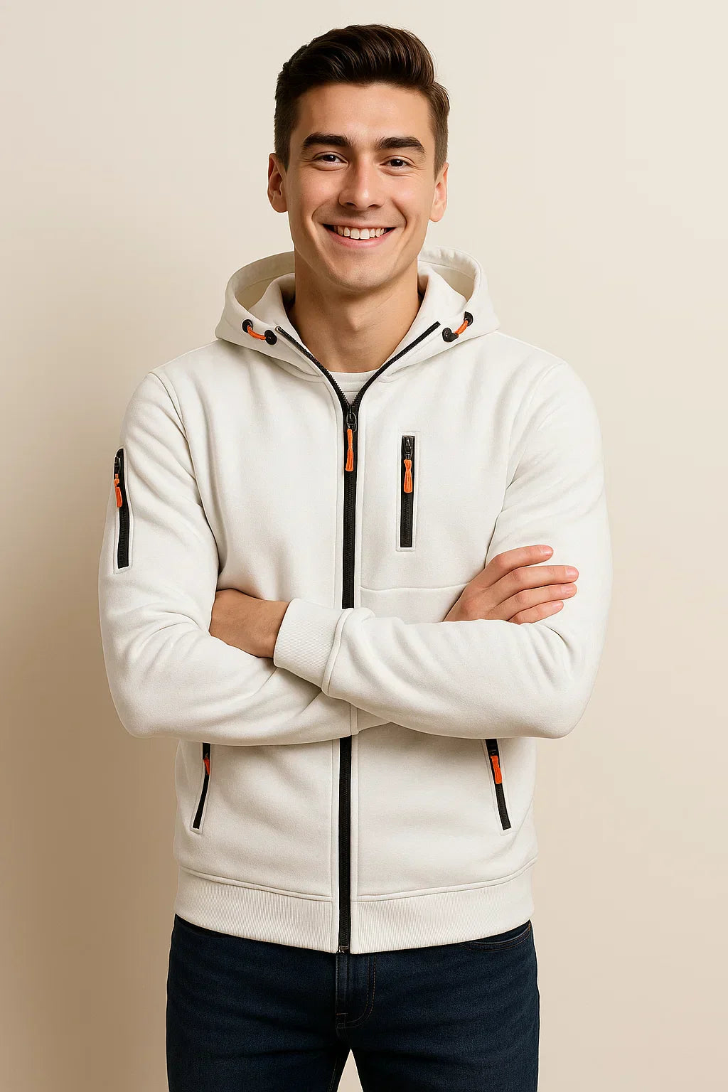 Men's Zip Hoodie Multiple Pockets Contrast Zipper Black - VibreMode