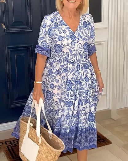 Women's Floral Midi Dress V-Neck Half Sleeves