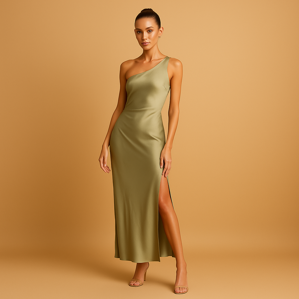 Women’s asymmetric evening dress with an elegant split and slim fit, perfect for gala events, formal dinners, and special occasions.