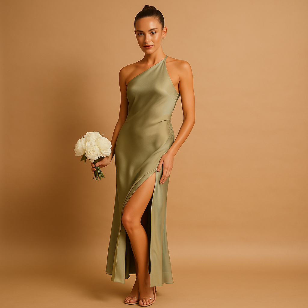 Women’s asymmetric evening dress with an elegant split and slim fit, perfect for gala events, formal dinners, and special occasions.
