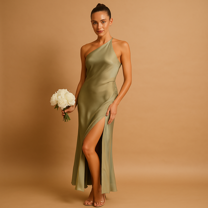 Women’s asymmetric evening dress with an elegant split and slim fit, perfect for gala events, formal dinners, and special occasions.