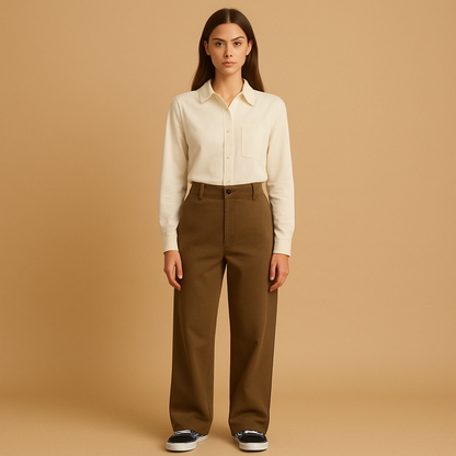 Asymmetrical baggy trousers for women with a loose modern silhouette and double button closure, ideal for casual streetwear and stylish everyday outfits.