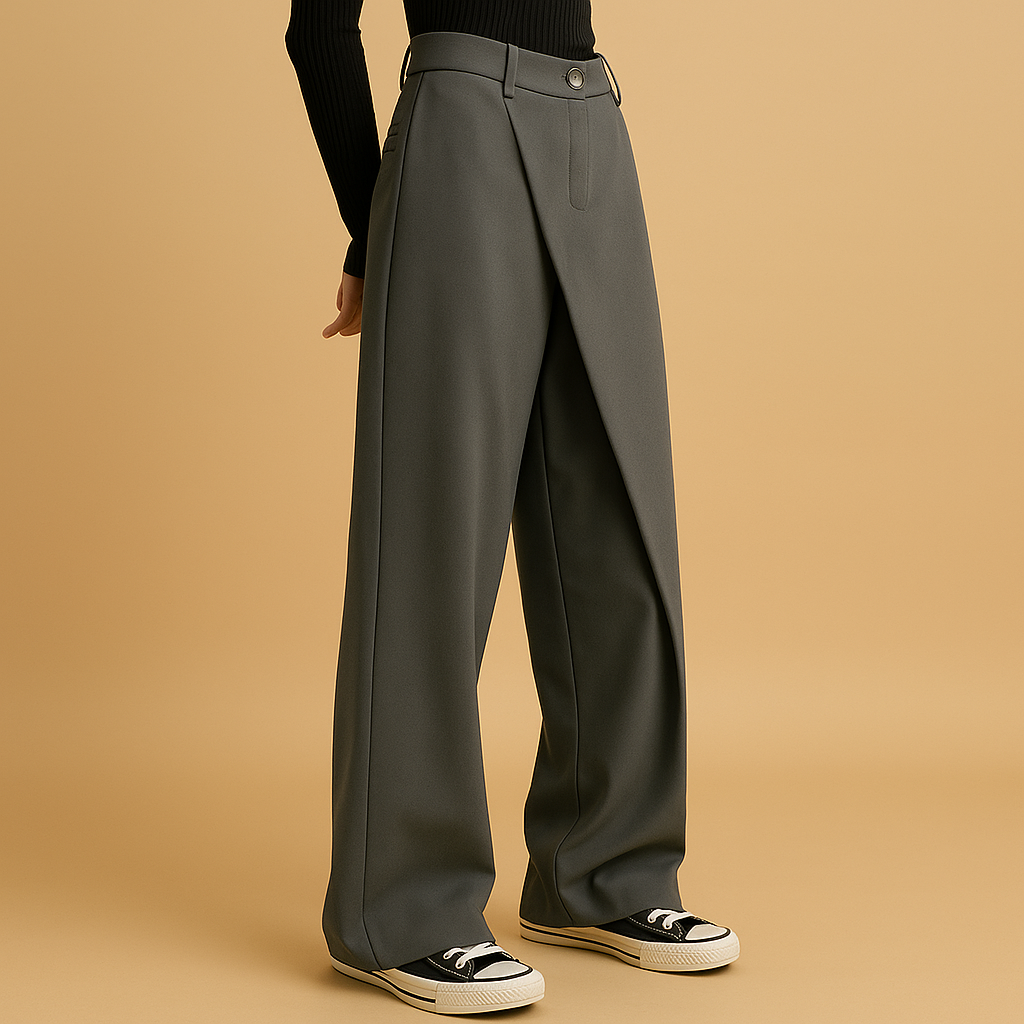 Asymmetrical baggy trousers for women with a loose modern silhouette and double button closure, ideal for casual streetwear and stylish everyday outfits.