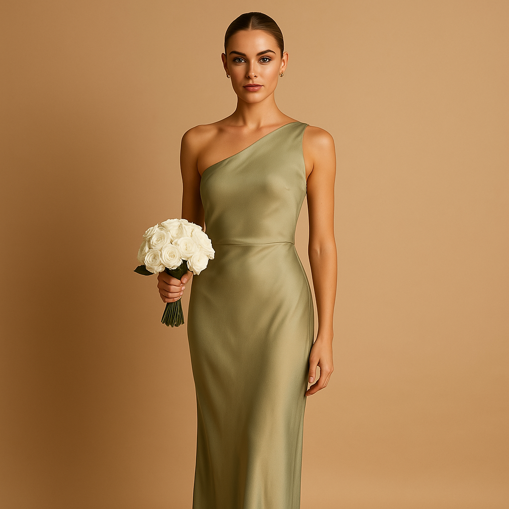Asymmetrical evening dress with high slit for women featuring a fitted silhouette, ideal for galas, formal dinners, and special occasions.