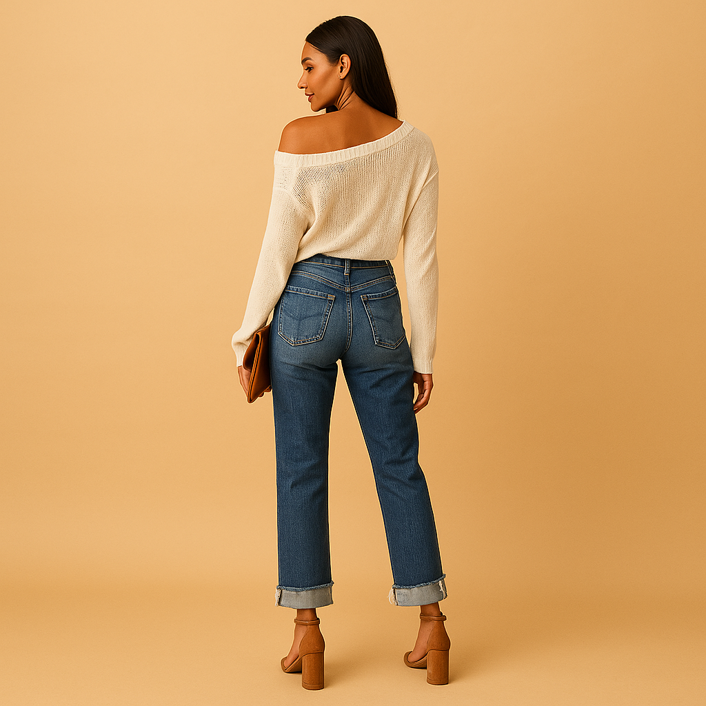 Asymmetrical waist casual jeans for women with relaxed fit and modern urban style, perfect for everyday outfits and trendy streetwear looks.