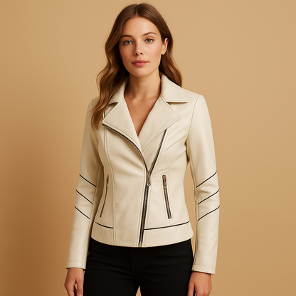 Woman wearing an asymmetrical zip jacket for women with a lapel collar and metal accents, styled for casual and polished outfits in transitional seasons.