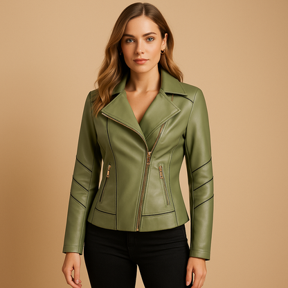 Woman wearing an asymmetrical zip jacket for women with a lapel collar and metal accents, styled for casual and polished outfits in transitional seasons.