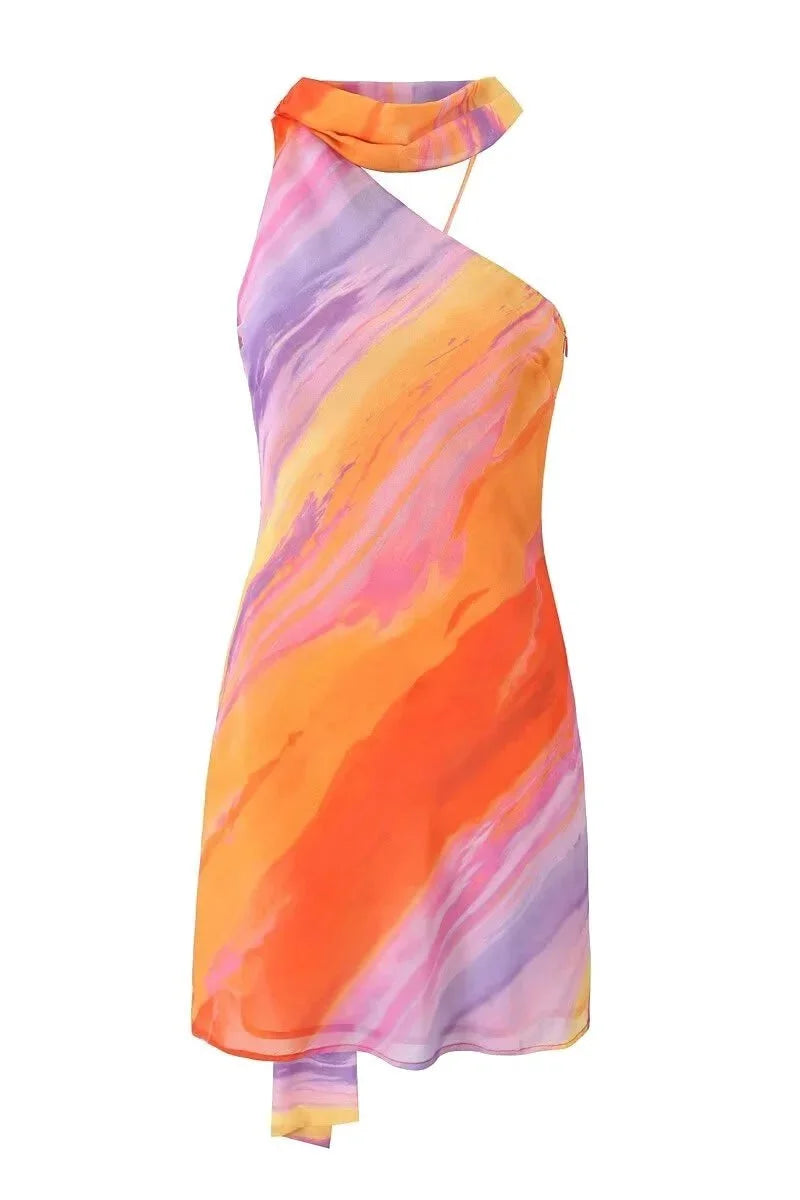 Aubrey Women's Halter Mini Dress Sunset Tones