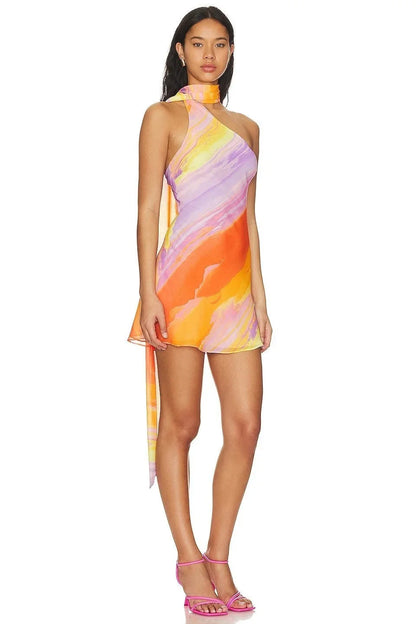 Aubrey Women's Halter Mini Dress Sunset Tones