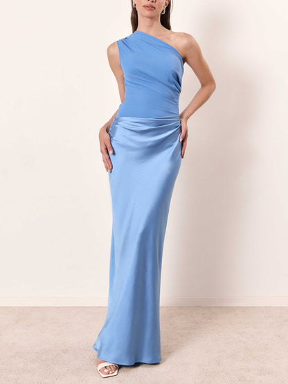 Women's One Shoulder Maxi Dress Pleated Party Wear