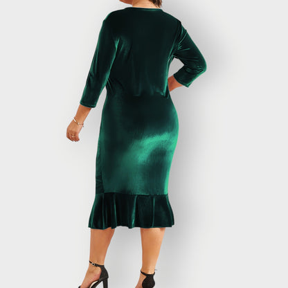 Women's Velvet Midi Dress Ruffle Detail