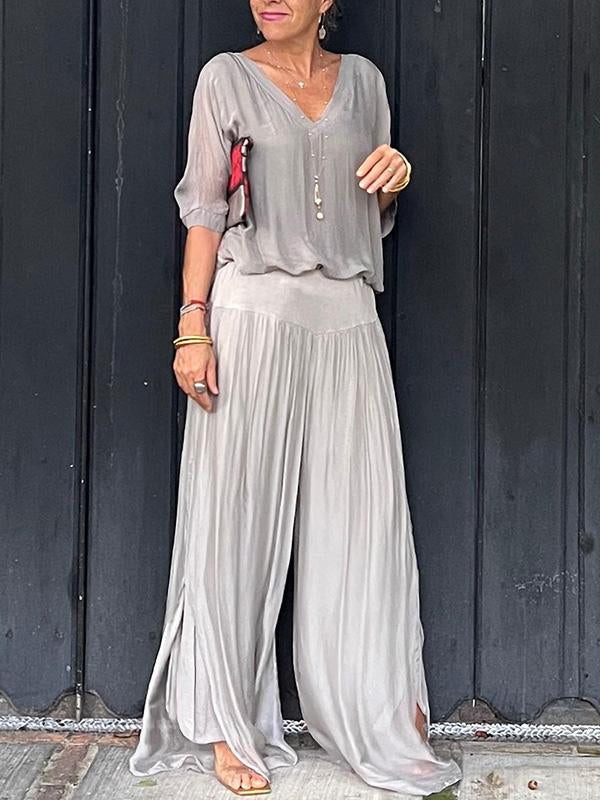 Green Women's V-Neck Flare Sleeve Loose Fit Jumpsuit Set
