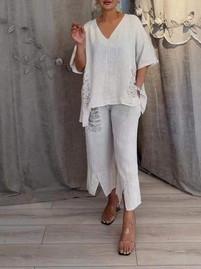 Relaxed Fit Women's 2 Piece V Neck Top and Pants