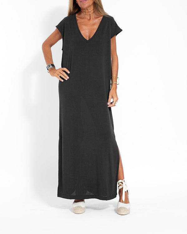 Women's V-Neck Maxi Dress Short Sleeve Coral