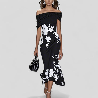 Women's Vintage Floral Cold Shoulder Midi Dress
