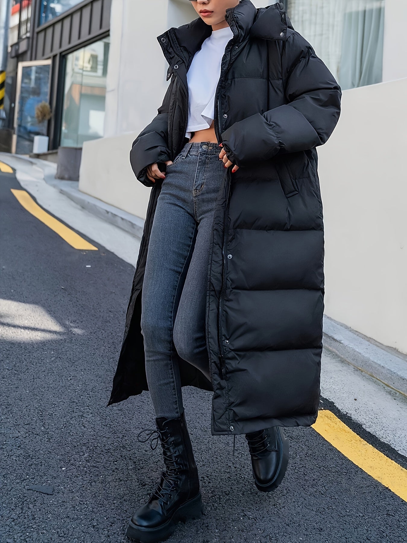 Women's Long Black Puffer Jacket Quilted Hooded