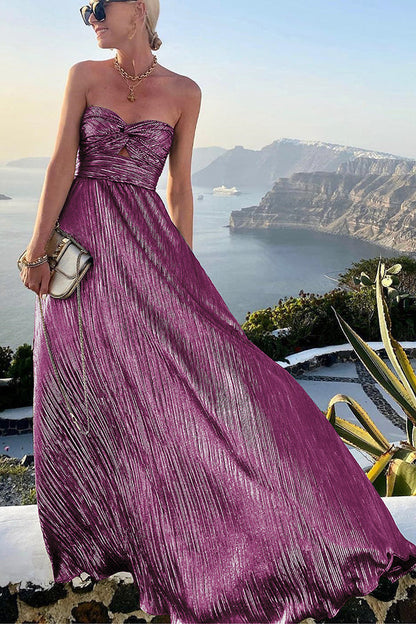 Strapless A-Line Evening Gown Metallic Pleated Design