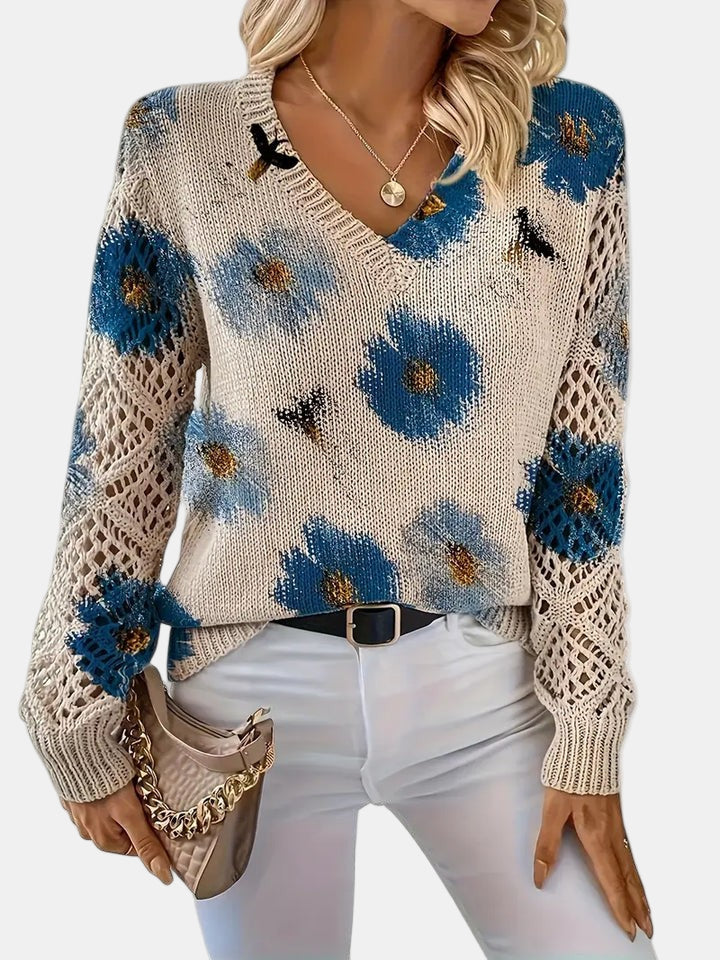 Women's V-Neck Sweater Floral Knit Pattern