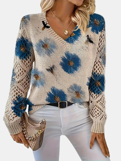 Women's V-Neck Sweater Floral Knit Pattern