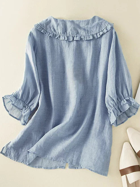 Women's Cotton Linen Blouse Ruffle Neck Relaxed Fit