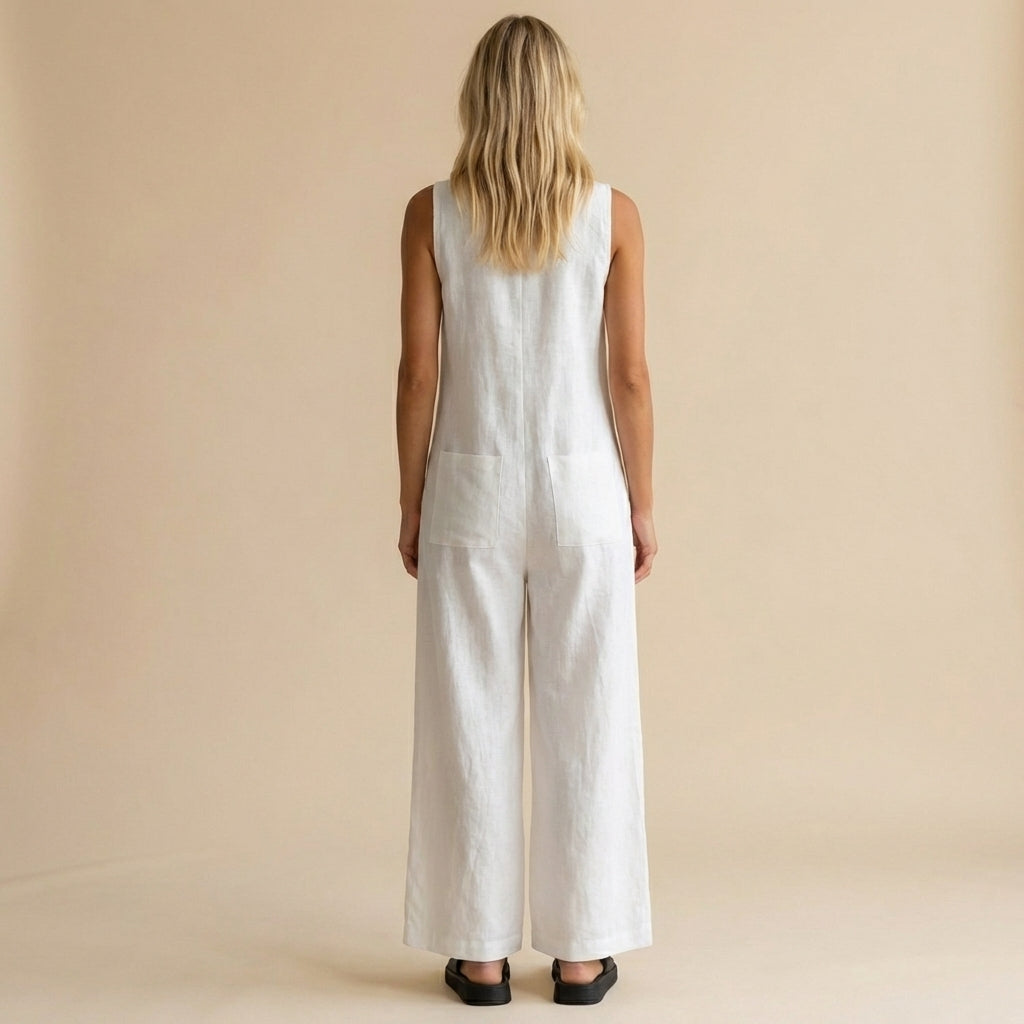 Women's Sleeveless Wide Leg Jumpsuit Button Front Pockets