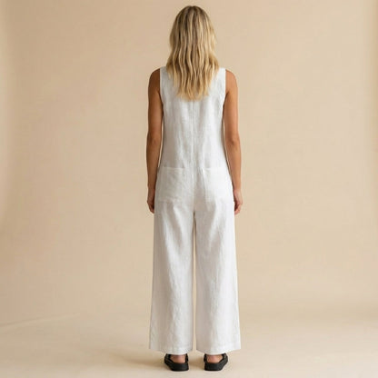 Women's Sleeveless Wide Leg Jumpsuit Button Front Pockets