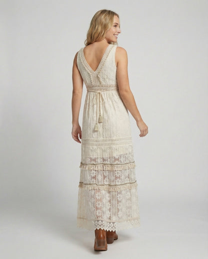 Women's Lace Maxi Dress Tiered Tassel Waist