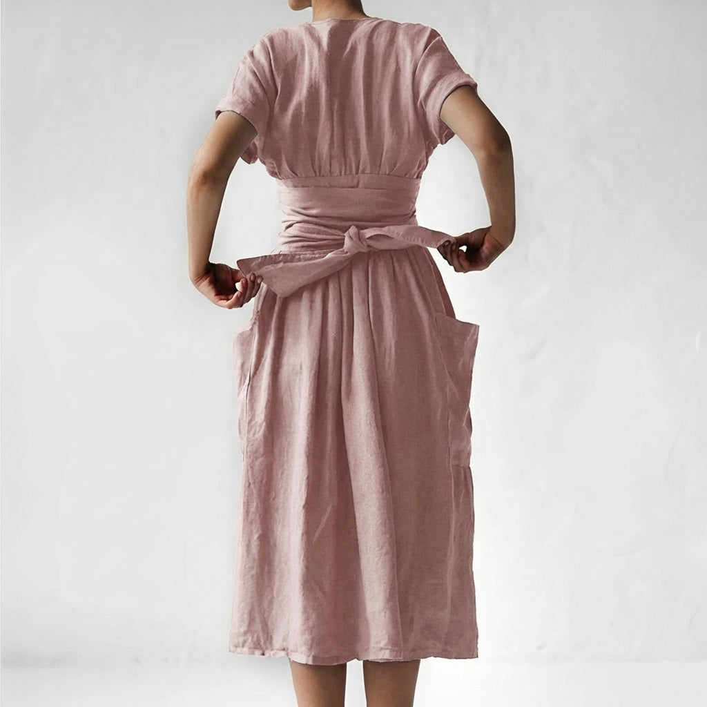 Women's Linen Midi Wrap Dress with Pockets