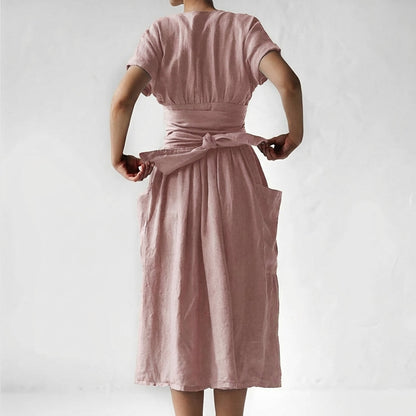 Women's Linen Midi Wrap Dress with Pockets