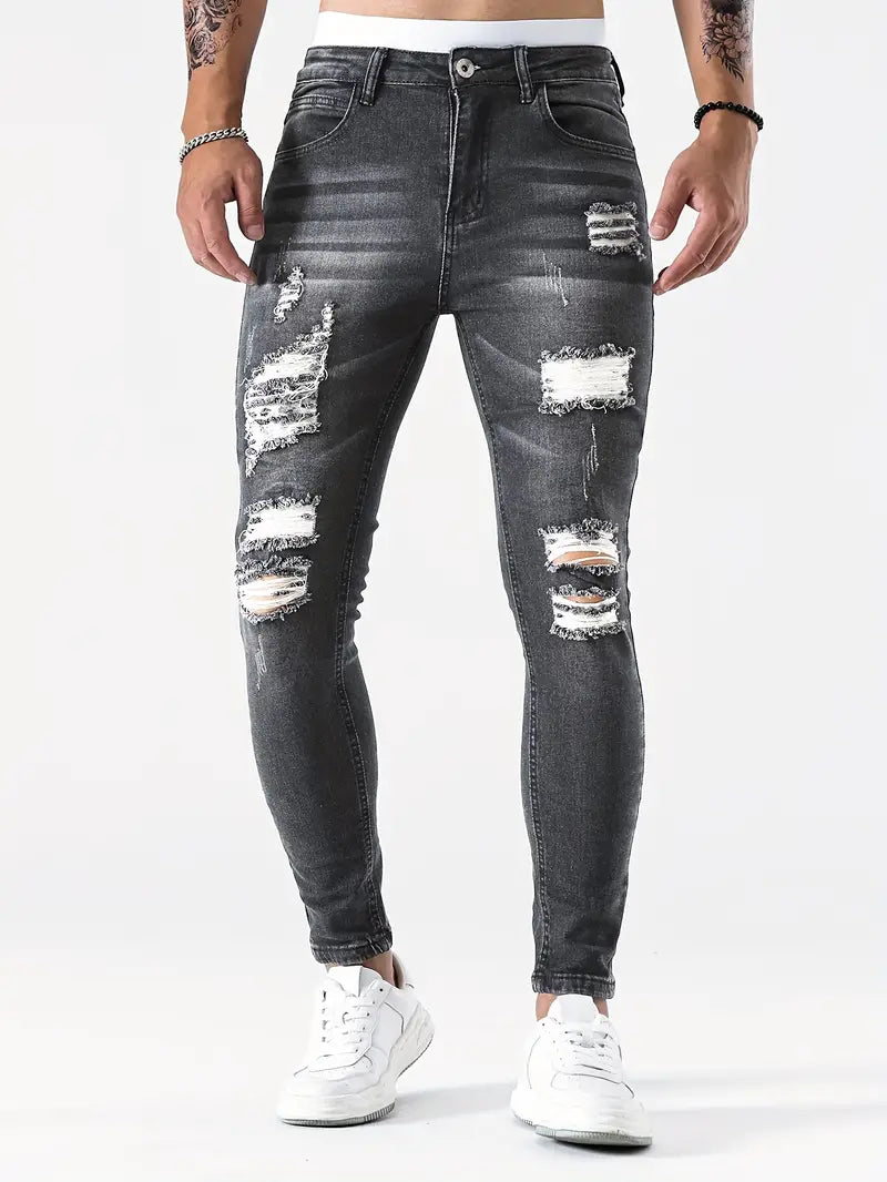Men's Ripped Skinny Jeans Distressed Denim Dark Blue