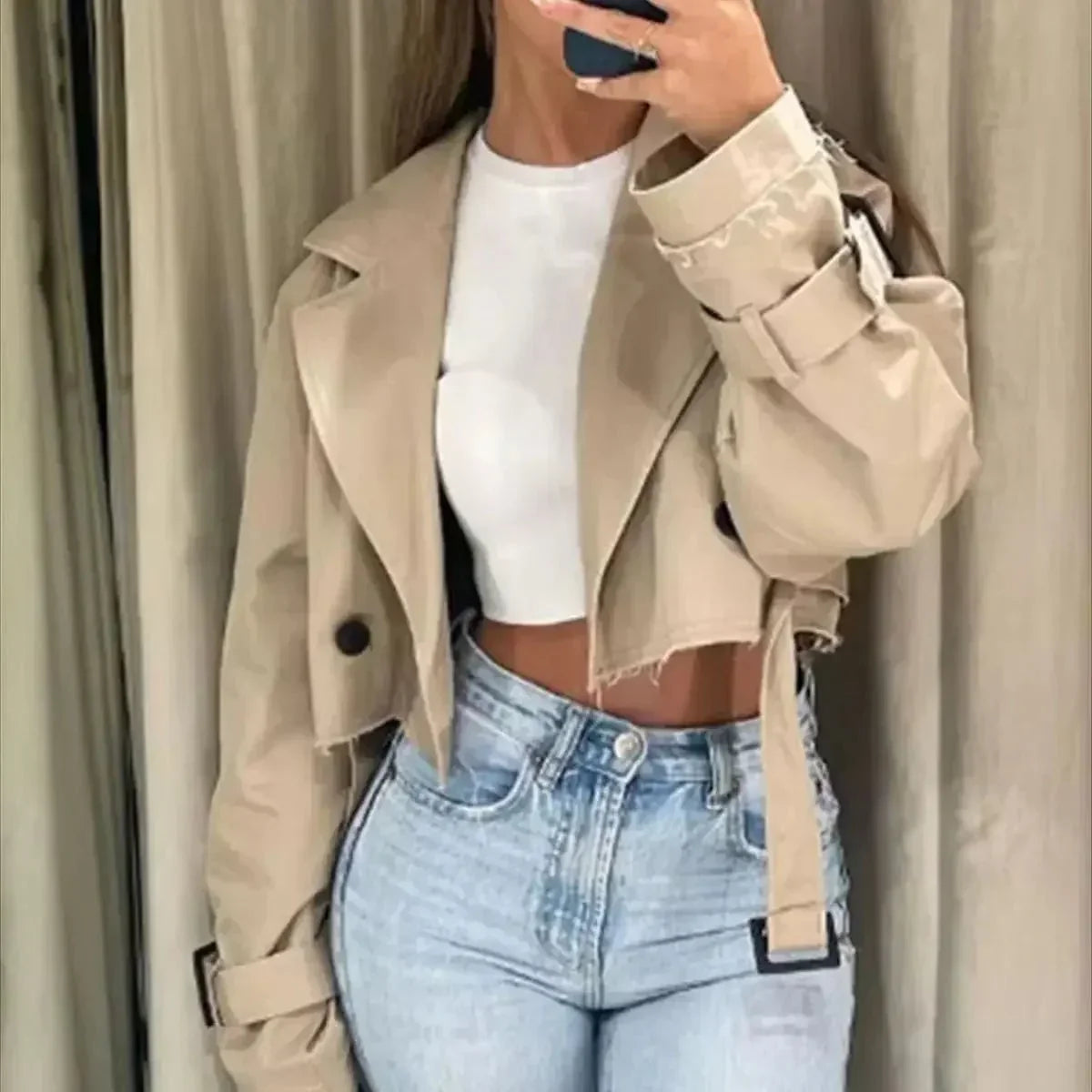 Women's Cropped Belted Trench Coat - VibreMode