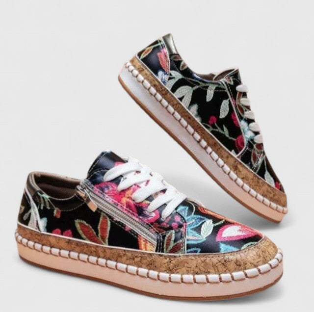 Women's Cute Floral Lace Up Sneakers with Cork Insole