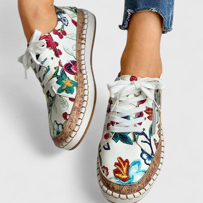 Women's Cute Floral Lace Up Sneakers with Cork Insole